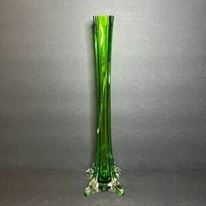 Vintage Hand Blown Emerald Green Glass Footed Eiffel Tower Bud Vase 11.75"